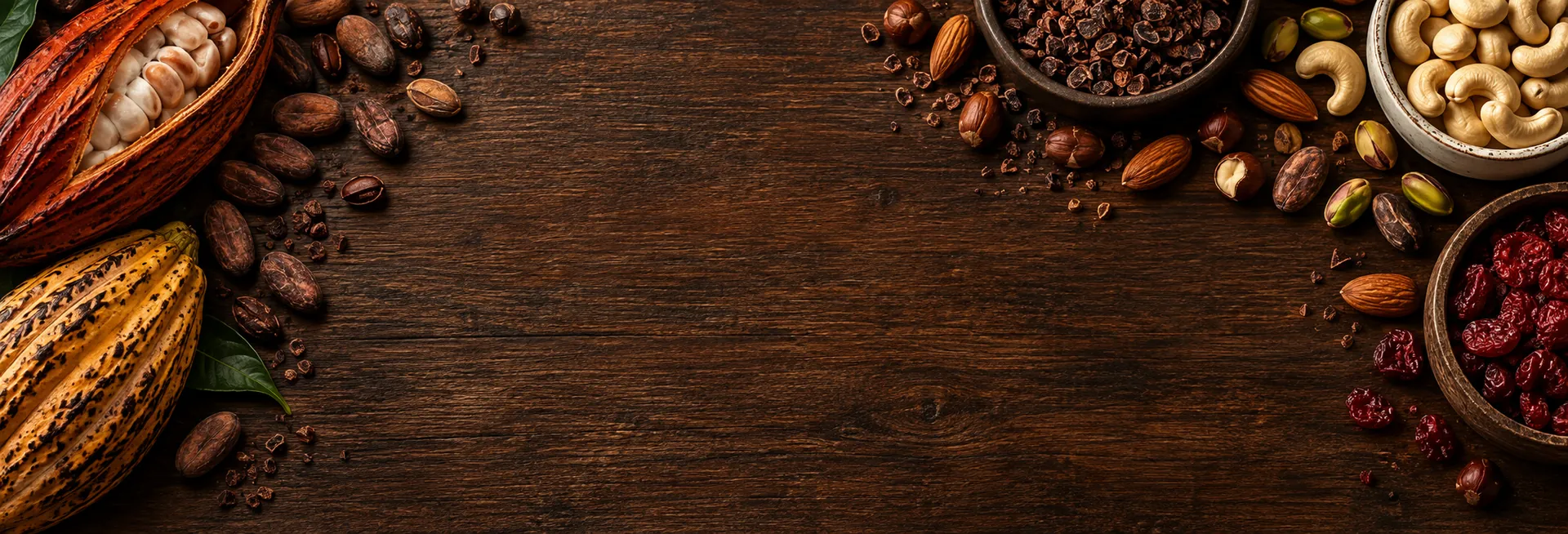Cacau, castanhas e ingredientes artesanais
